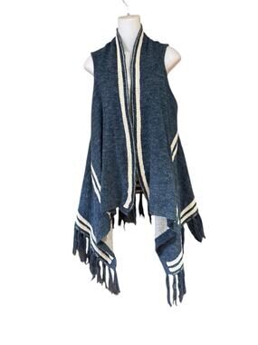 Ethereal by Anthropologie Navy Blue Fringe Knit Vest Cream Trim Womens Medium